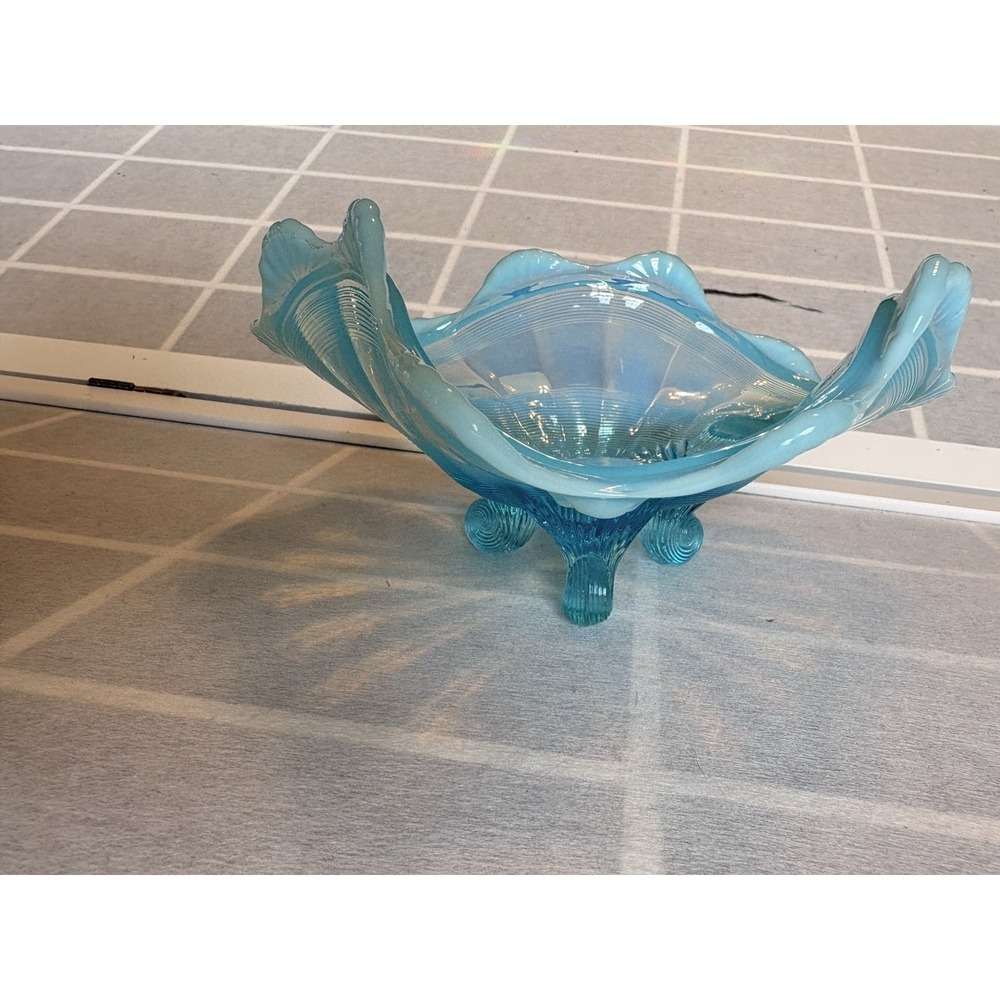 Antique EAPG Blue Opalescent Glass Ruffled Lattice Footed Candy Dish Compote